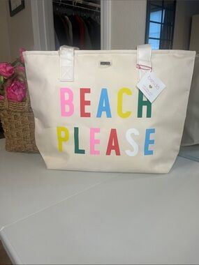 ban.do Cream Canvas Tote with Multicolor 'BEACH PLEASE' Letters